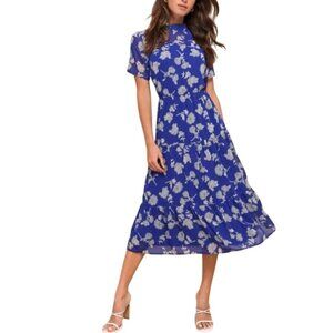 Lulus Floral Dressed Up Royal Blue Floral Print Midi Dress Size M